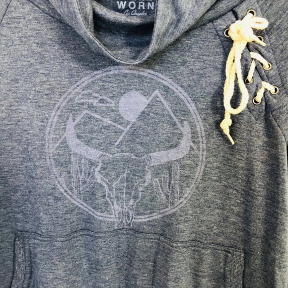 Well Worn by Los Angeles cowl neck side lace dessert bullhead graphic sweater - Picture 2 of 7